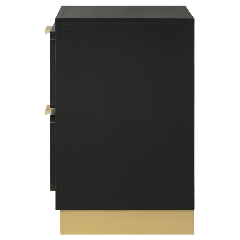 Caer Nightstand, 2 Drawers, Gold Accent Recessed Base, Bar Handles, Black - Benzara