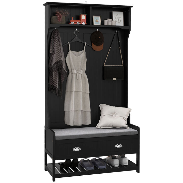 HOMCOM 3-in-1 Hall Tree, Entryway Bench with Coat Rack, Mudroom Bench with Shoe Rack, 2 Storage Drawers, 4 Hooks and Padded Seat Cushions for Hallway, Black