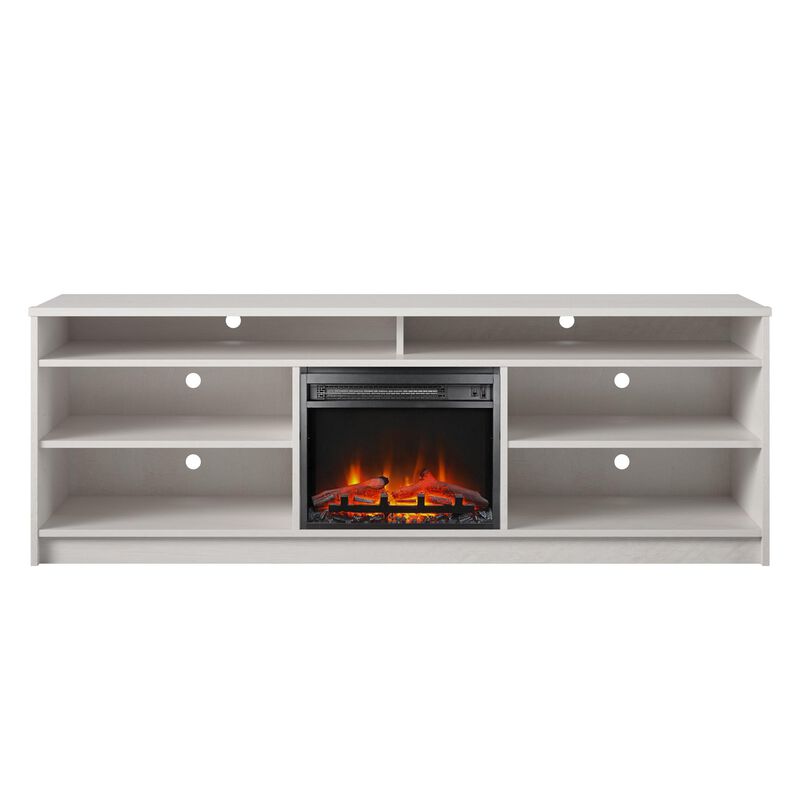 REALROOMS Hickory Hill 75" TV Stand with Electric Fireplace Space Heater and 6 Shelves