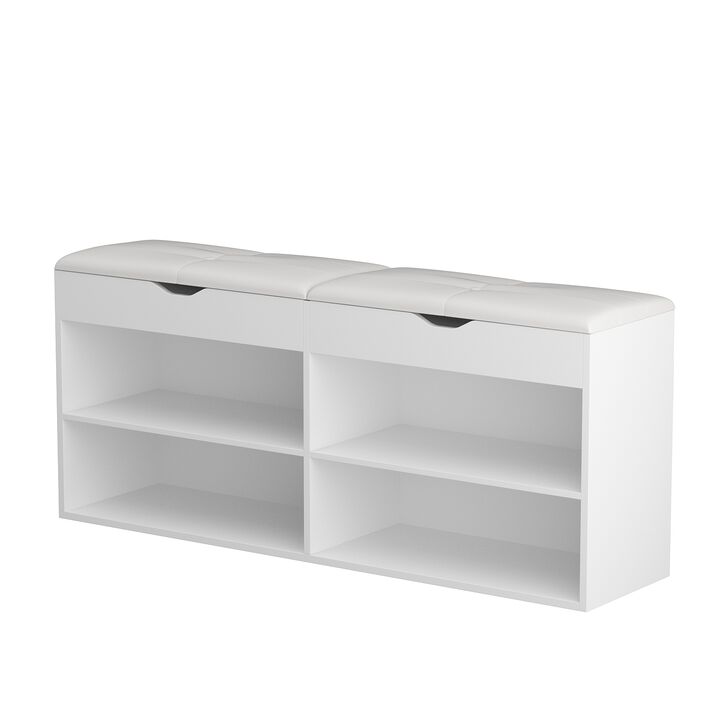 21.2 in. H x 47.2 in. W, White Wooden Shoe Storage Cabinet with Seating Cushion Open Shelf and Hiden Place (for 8 Pairs)