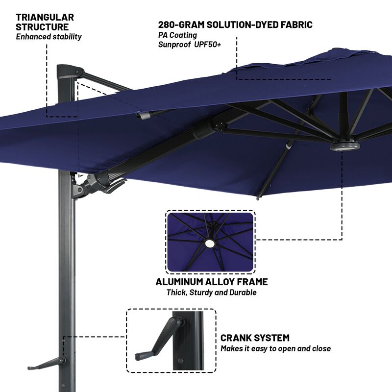 10x13 ft. 360° Rotation Cantilever Patio Umbrella with BaseandBT in Navy Blue
