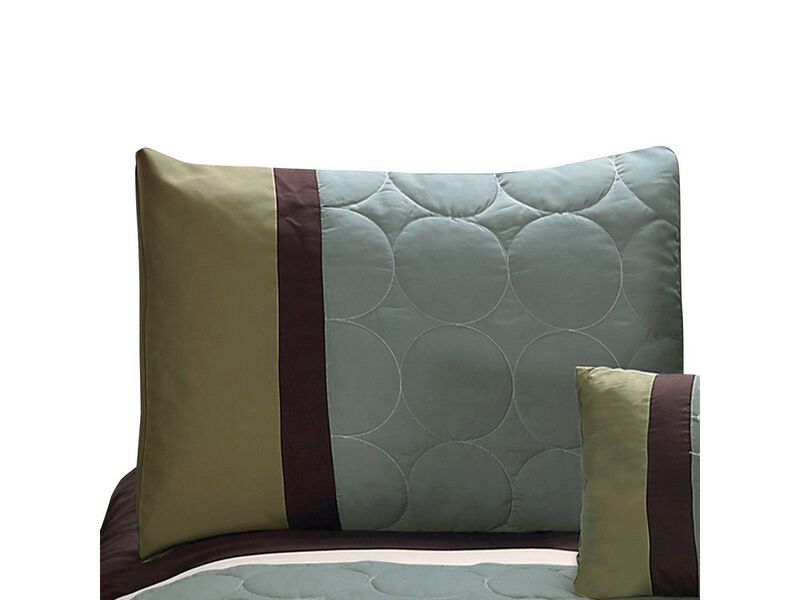 6 Piece King Comforter Set with Pleats and Embroidery, Green and Blue - Benzara