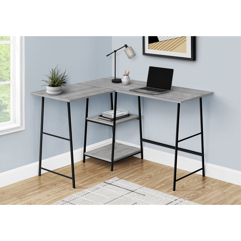 Monarch Specialties I 7591 Computer Desk, Home Office, Corner, Storage Shelves, 48"L, L Shape, Work, Laptop, Metal, Laminate, Grey, Black, Contemporary, Modern