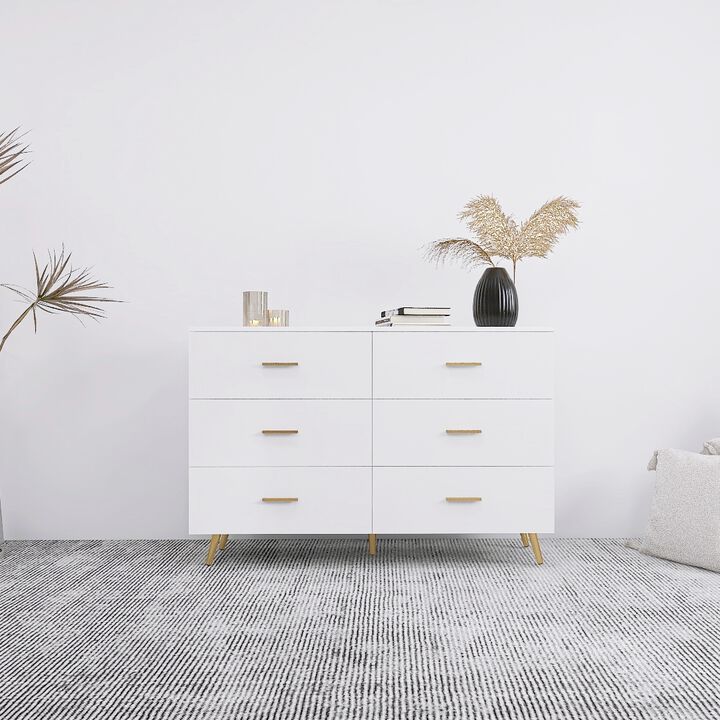 White 6-Drawer Chest with Golden Accents