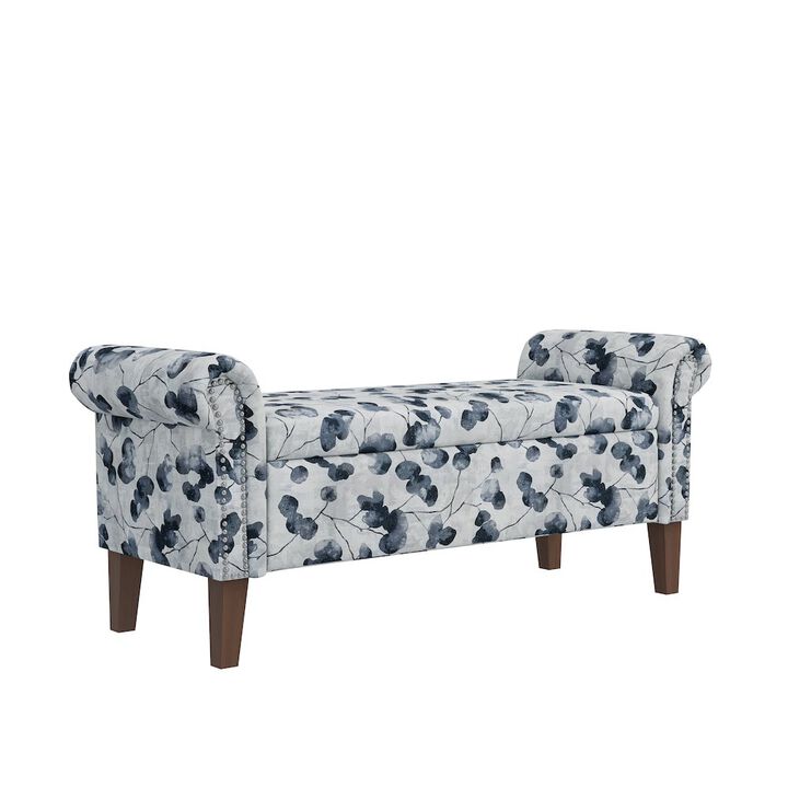 HL Home Furnishings Rolled Arm Storage Ottoman in Black Floral Bonsai