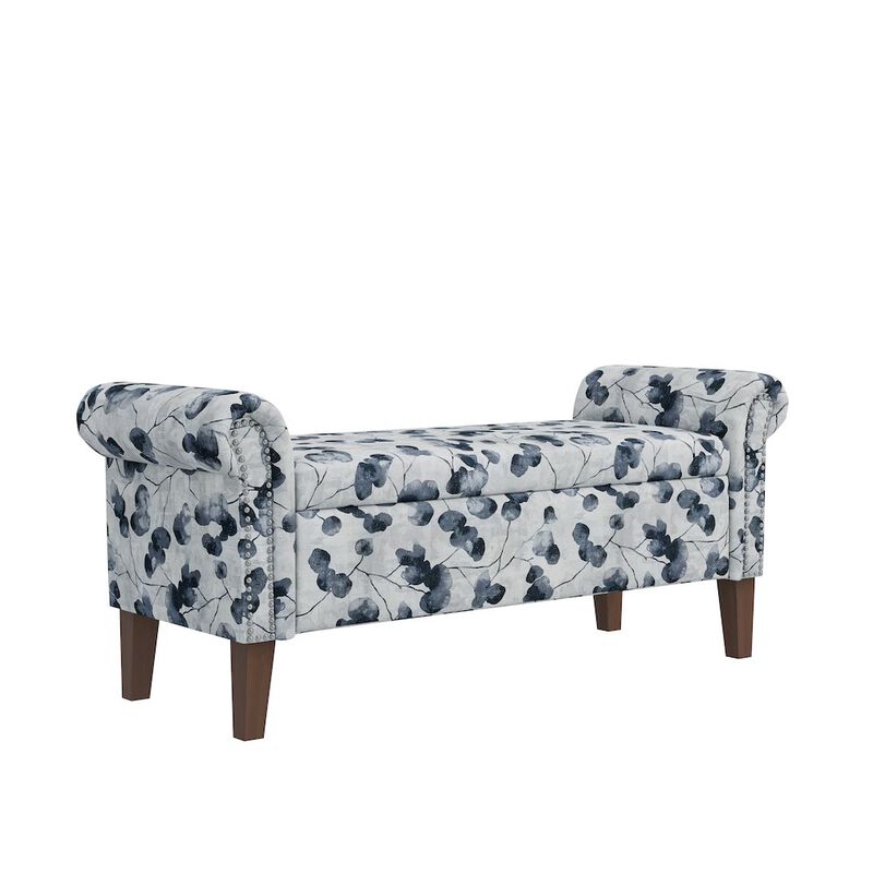 HL Home Furnishings Rolled Arm Storage Ottoman in Black Floral Bonsai