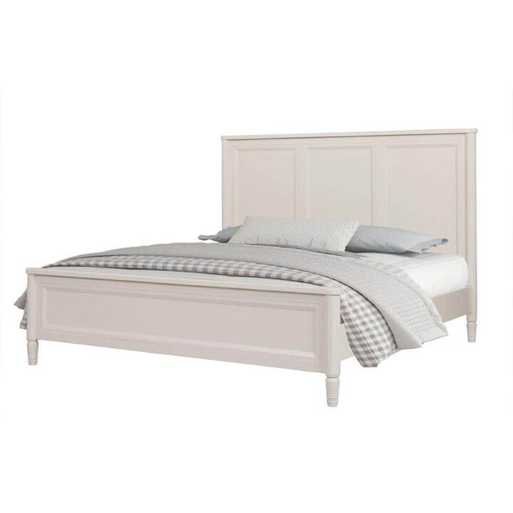 Alta Queen Size Bed, Classic French Design, White Solid Wood Frame - Benzara