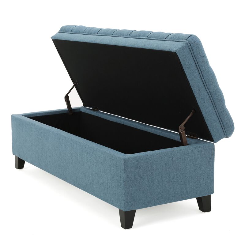 Rhya Storage Ottoman Bench, Soft Blue Fabric, Black Wood, 50 Inch - Benzara