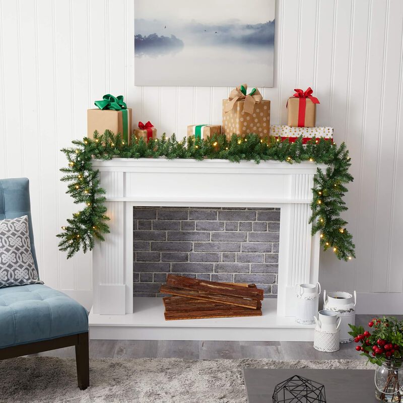 Hivvago 9" Frosted Swiss Pine Artificial Garland with 50 Clear LED Lights and Berries