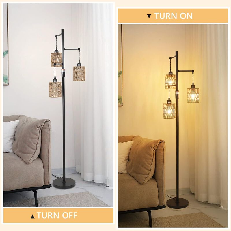 Farmhouse floor lamp comes with 3 hand-woven rattan lampshades for Living Room Bedroom Office