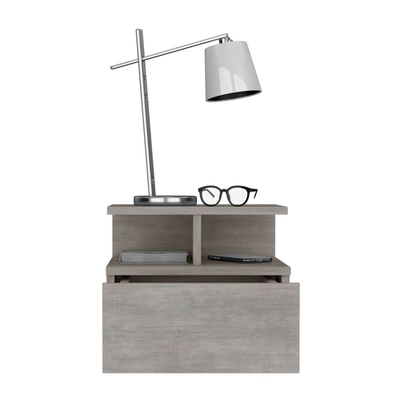 Adele Floating Nightstand with Drawer and Open Storage Shelves- Concrete Gray