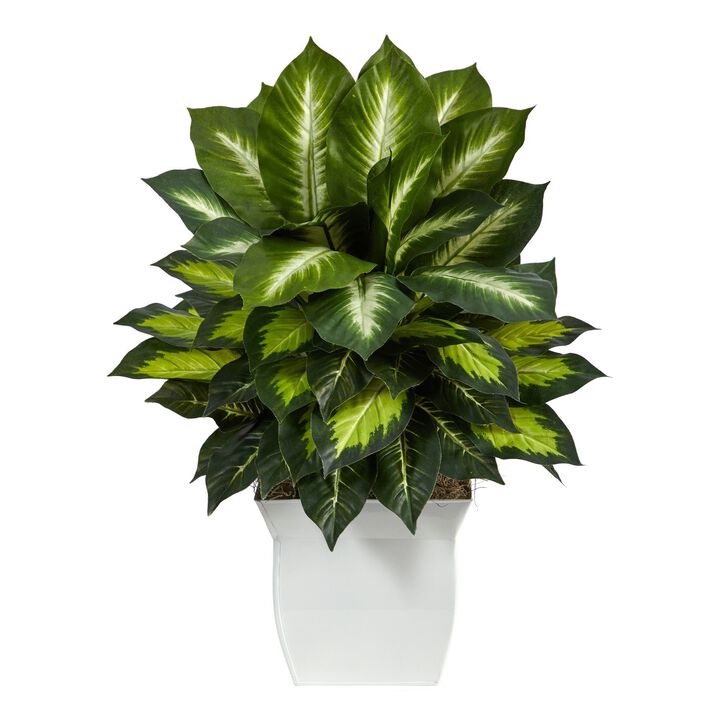 Nearly Natural 2-ft Golden Dieffenbachia Plant in White Metal Planter Nearly Natural 2-ft Golden Dieffenbachia Plant in White Metal Planter