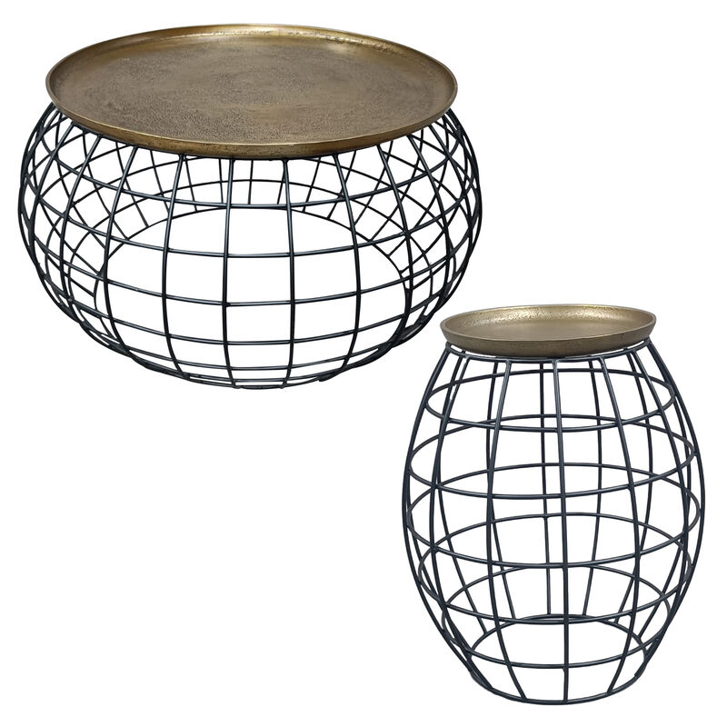 2 Piece Coffee Table and End table Set, Round Antique Brass Tray Top, Curved Cage Design Black Iron Base