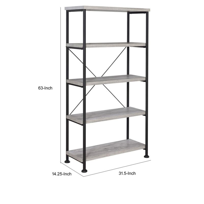 Sophisticated Wood and Metal Open Bookcase, Gray-Benzara