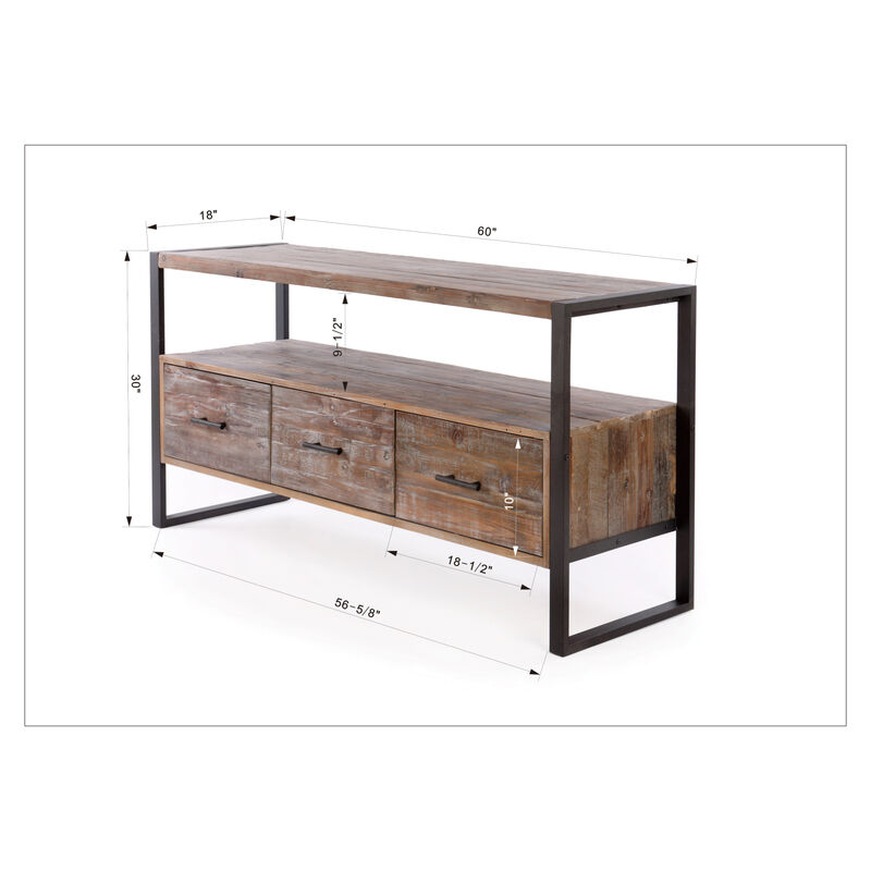 60 Inch Reclaimed Wood Media TV Console Table With 3 Drawer, Open Shelf