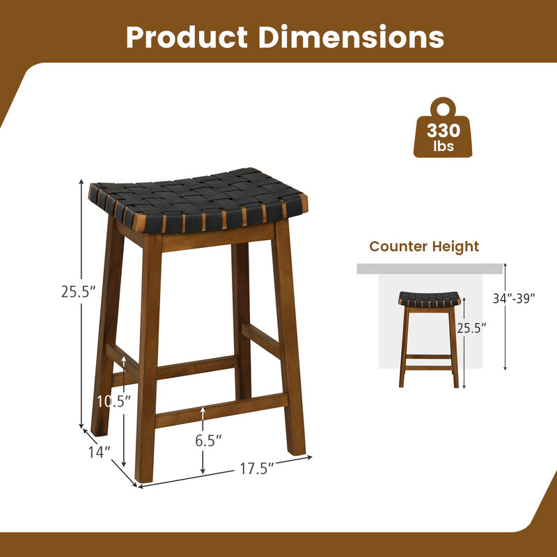Faux PU Leather Bar Height Stools Set of 2 with Woven Curved Seat-25 Inches