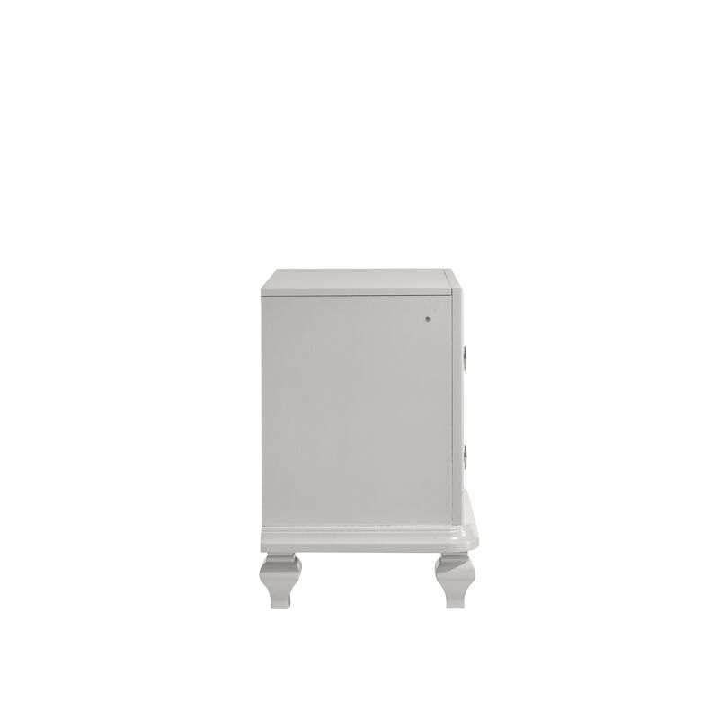 Stacy Nightstand with 2 Drawers and LED Lights, Silver and White Wood - Benzara