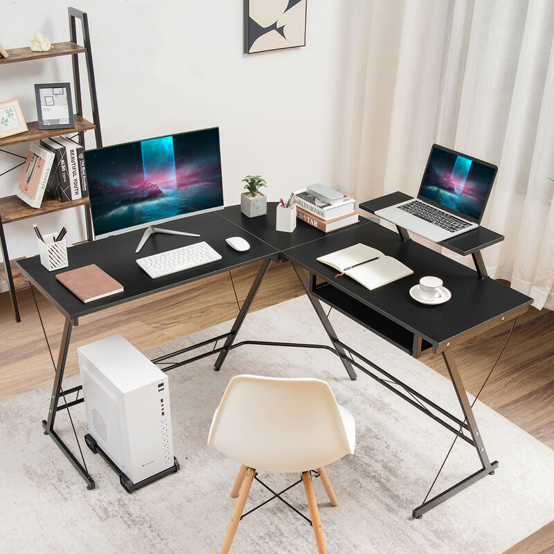 Costway L Shaped Computer Desk Home Office Workstation w/ Movable Monitor Stand Black