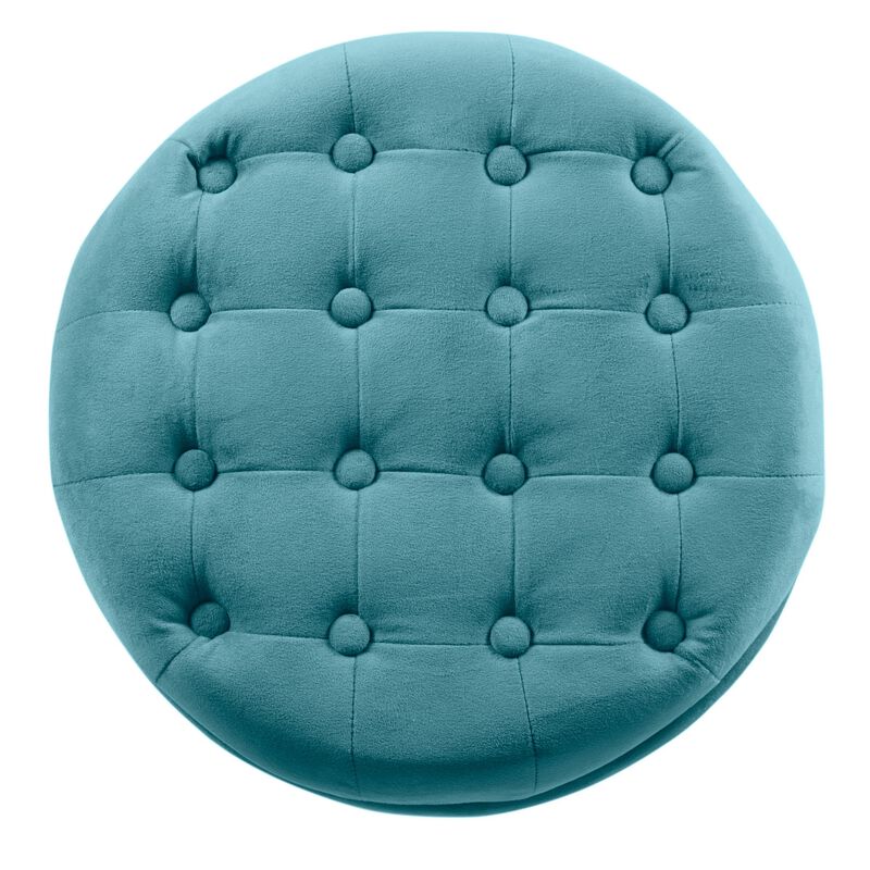Button Tufted Velvet Upholstered Wooden Ottoman with Hidden Storage, Blue and Brown - Benzara