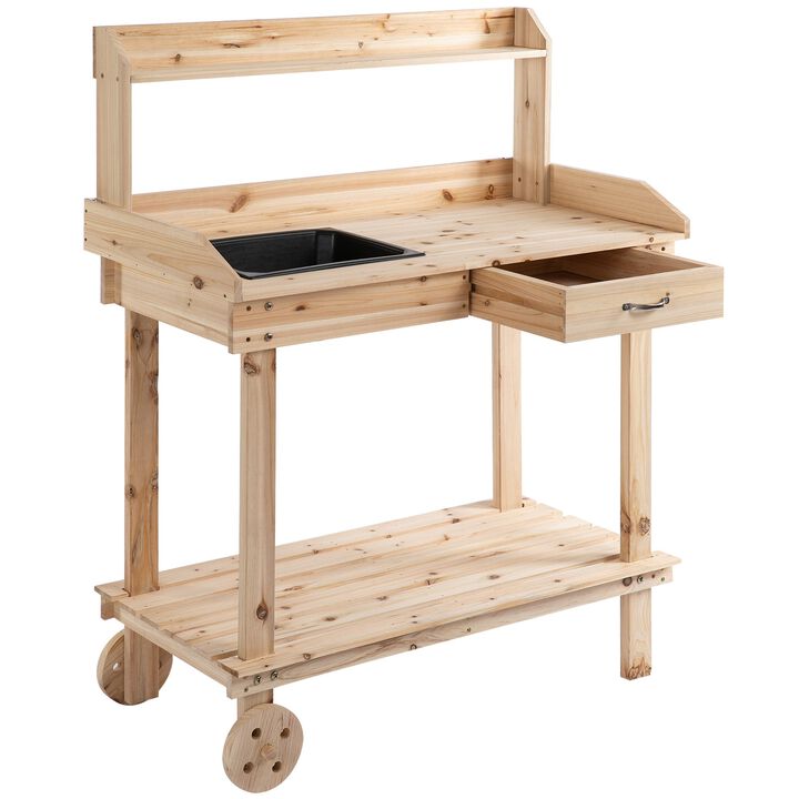 Mobile Garden Station: Natural Wood Potting Bench with Wheels and Sink Mobile Garden Station: Natural Wood Potting Bench with Wheels and Sink