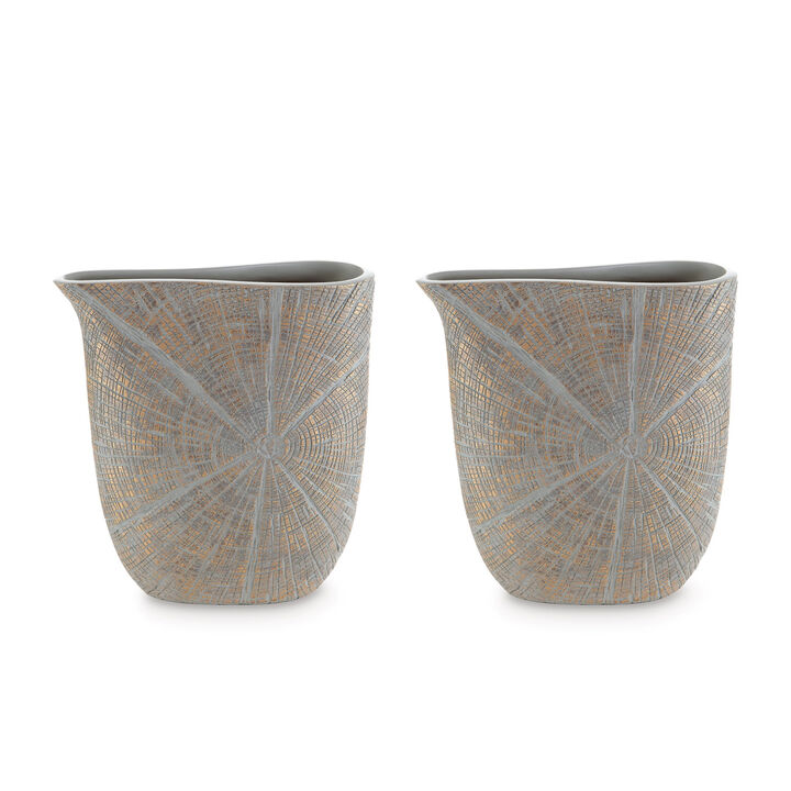Denver Vase Set of 2, 11 Inch, Starburst Pattern, Antique Gold Polyresin - Benzara
