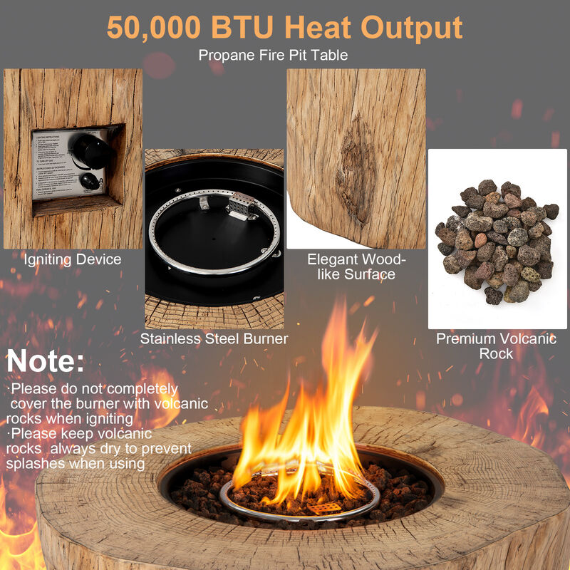 40 Inch Round Propane Gas Fire Pit Table Wood-Like Surface with Laval Rock PVC Cover