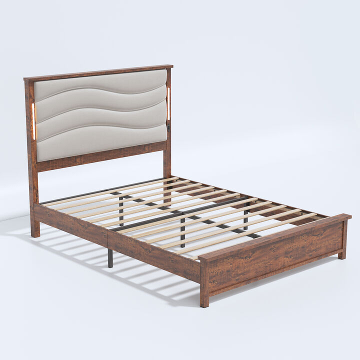 Bed Frame with Upholstered Headboard, Bed Frame with Charging Station and LED Lights, Wood Slats, Beige Linen, No Box Spring Needed, Easy Assembly
