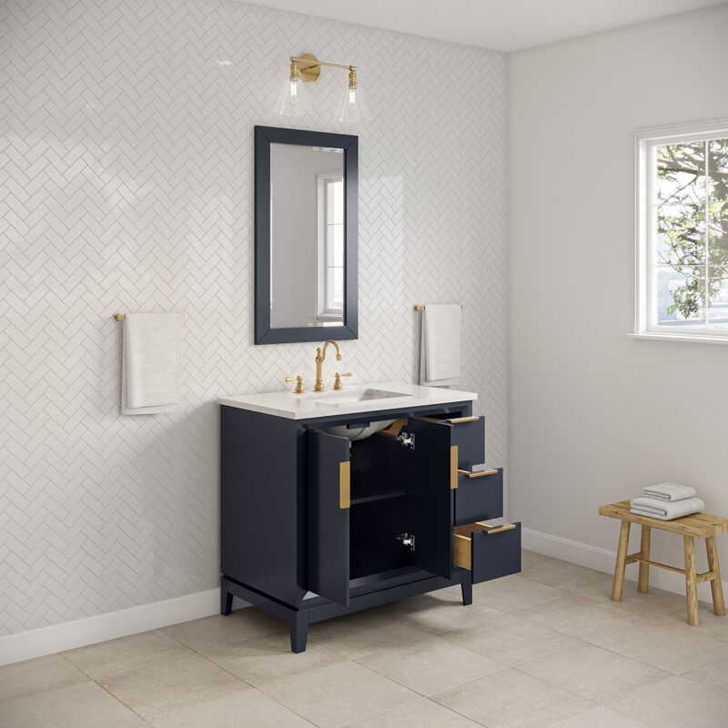 Elizabeth 36 In. Single Sink Carrara White Marble Countertop Bath Vanity In Monarch Blue with Satin Gold Hardware