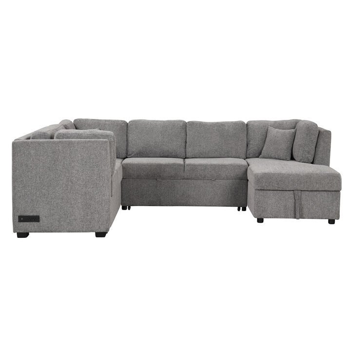 Merax U-shaped Sectional Sofa Pull Out Sofa Bed with 2 USB Ports