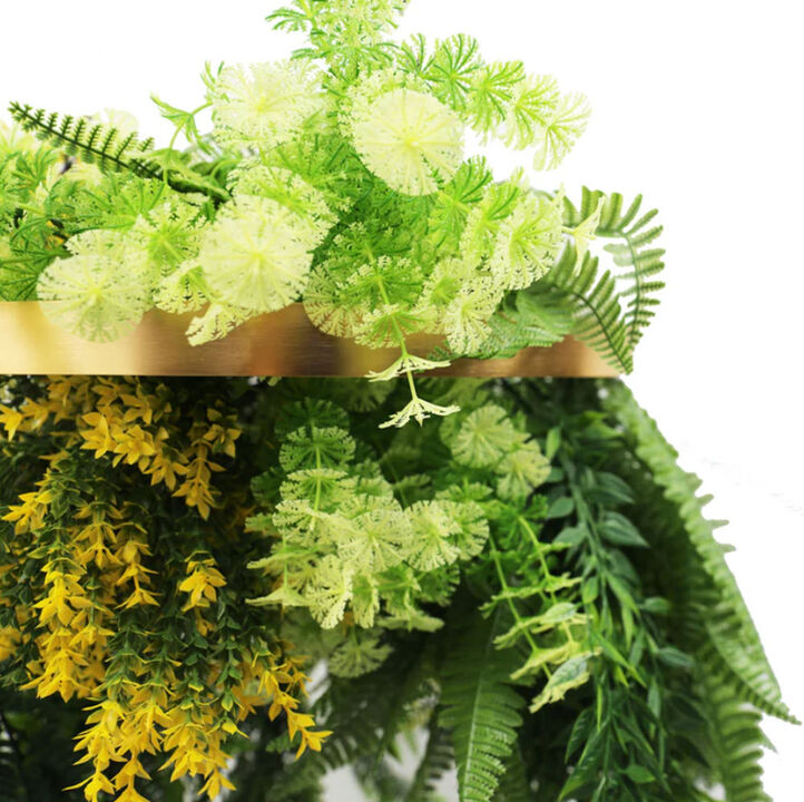 Gold Framed Roof Hanging Disc With Draping Life-Like Ferns and Plants 31.5" UV Resistant