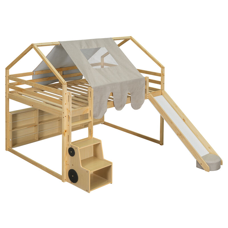 Merax Wooden House-shaped Frame Loft Bed  with a Tent