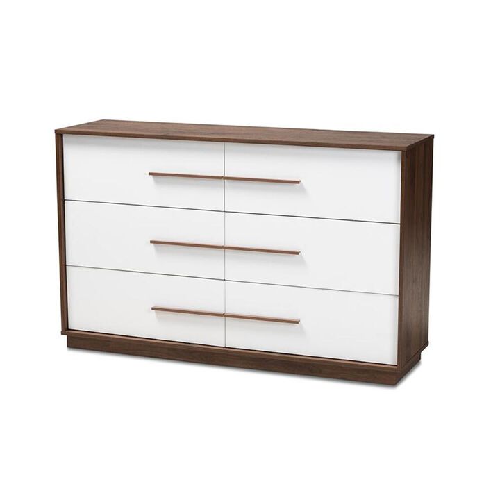 Baxton Studio Mette Mid-Century Modern White and Walnut Finished 6-Drawer Wood Dresser
