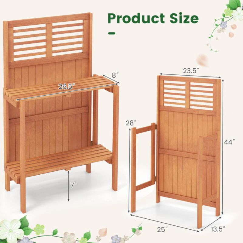Hivvago Folding Garden Potting Bench with 2-tier Storage Shelves and Teak Oil Finish for Garden Yard Balcony
