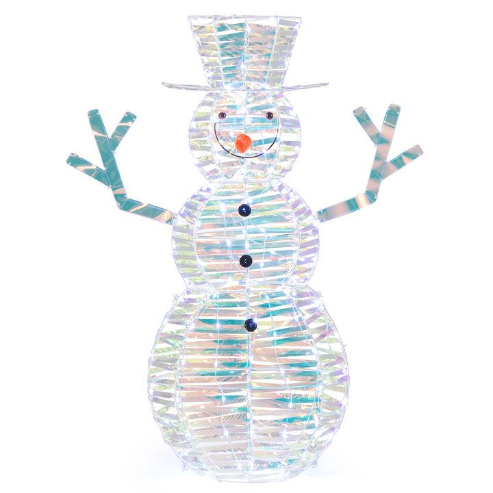 Iridescent Christmas Snowman with White LED Lights and Ground Stakes