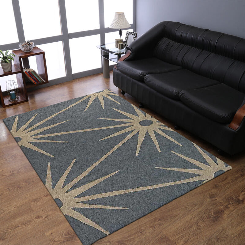 RUGSOTIC CARPETS HAND TUFTED WOOL ECO-FRIENDLY AREA RUGS  - 5'x8', Rectangle Shape, Charcoal & White, Floral Modern Design, High Pile Handmade Area Rugs for Living Room, Bed Room (K00202)