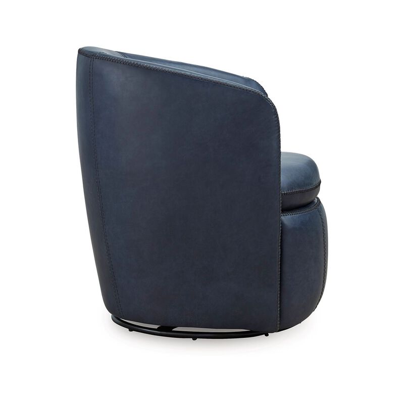 Niko Swivel Accent Chair, Round Barrel Design, Blue Top Grain Leather -