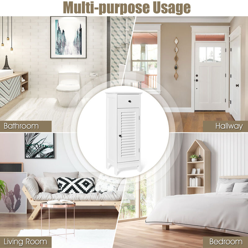 Costway Bathroom Floor Storage Cabinet Side Wooden Organizer w/ Drawer & Shutter Door