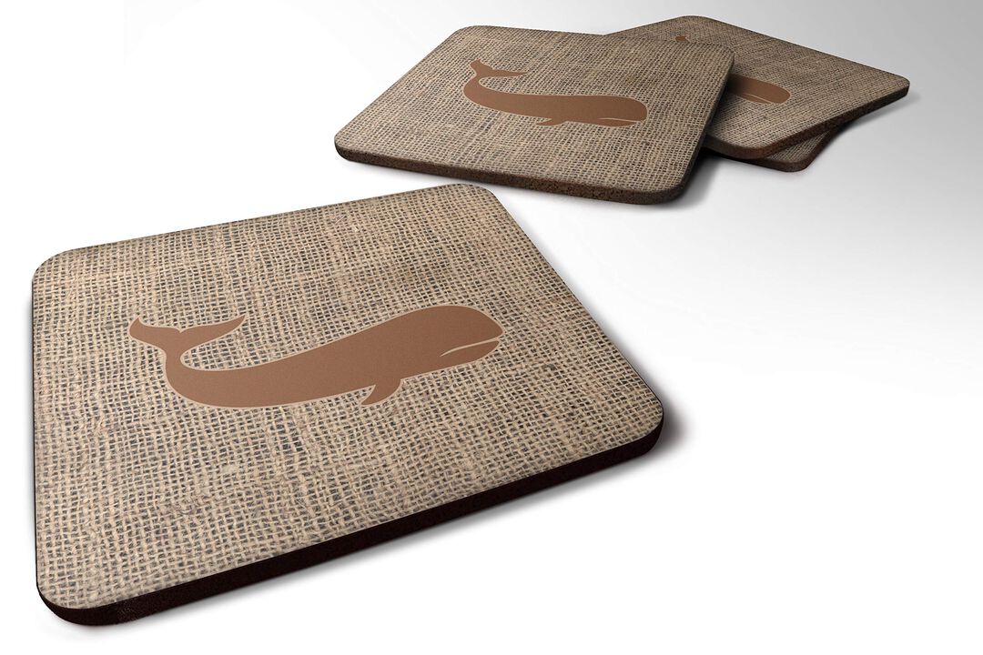 Caroline's Treasures BB1021-BL-BN-FC Whale Burlap and Brown Foam Coasters (Set of 4), 3.5 H x 3.5 W, Multicolor