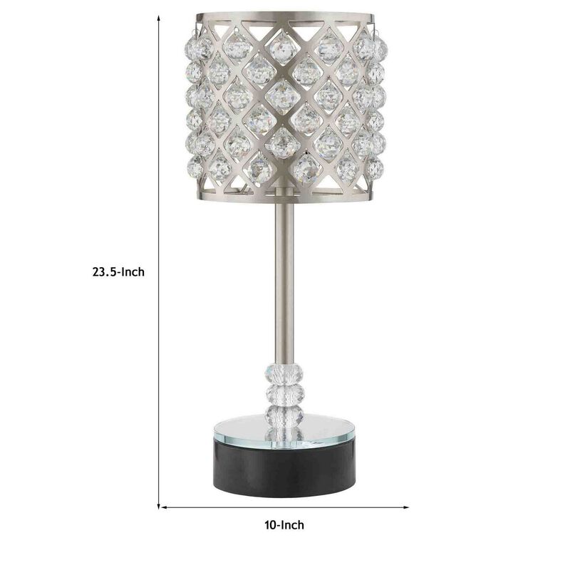 Dany 24 Inch Table Lamp with Crystal Drum Shade, Metal, Brushed Nickel-Benzara