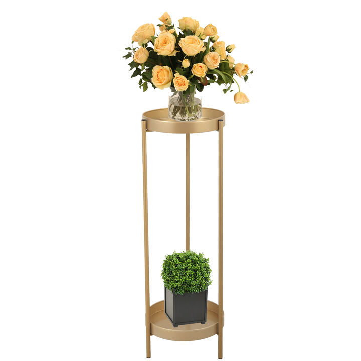 31.5�H Modern Folding Metal 2-Tier Plant Stand Potted Plant Holder Shelf with 2 Round Trays, Indoor Outdoor, Versatile, Golden 31.5�H Modern Folding Metal 2-Tier Plant Stand Potted Plant Holder Shelf with 2 Round Trays, Indoor Outdoor, Versatile, Golden
