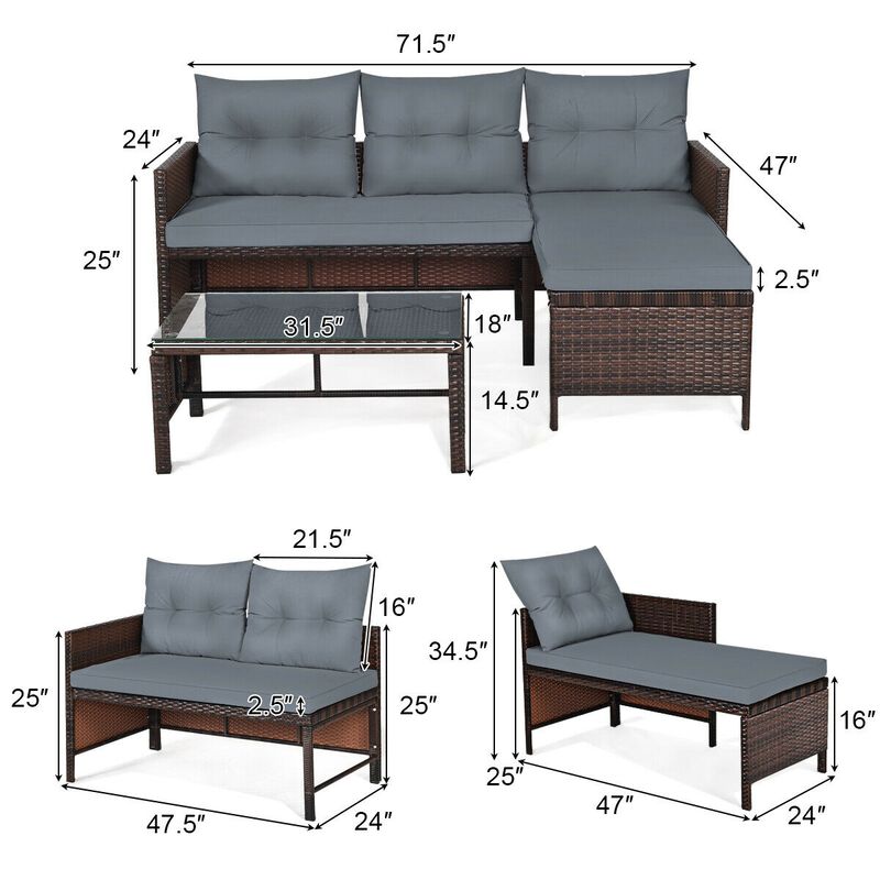 3 Pieces Outdoor Patio Corner Rattan Sofa Set-Grey