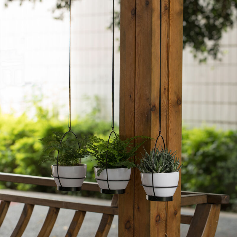 Decorative Metal Hanging Planter with Tree Pots for Flowers, White and Black