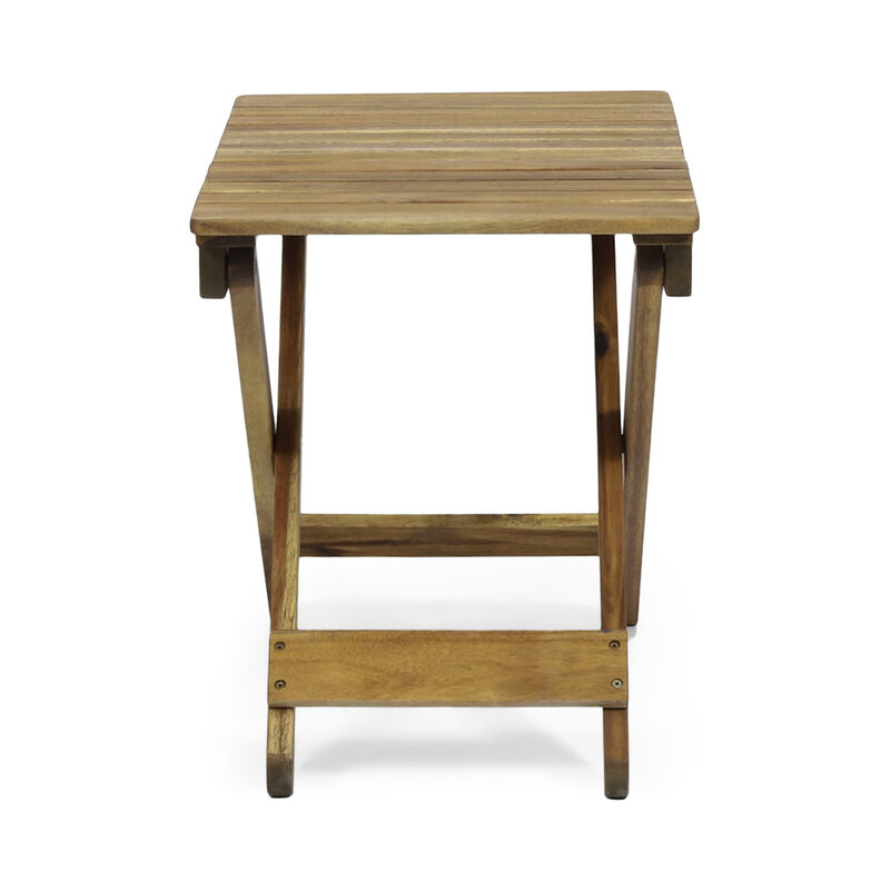 Kyre Outdoor Side Table, Foldable Slatted 23 Inch, Brown Acacia Wood - Benzara