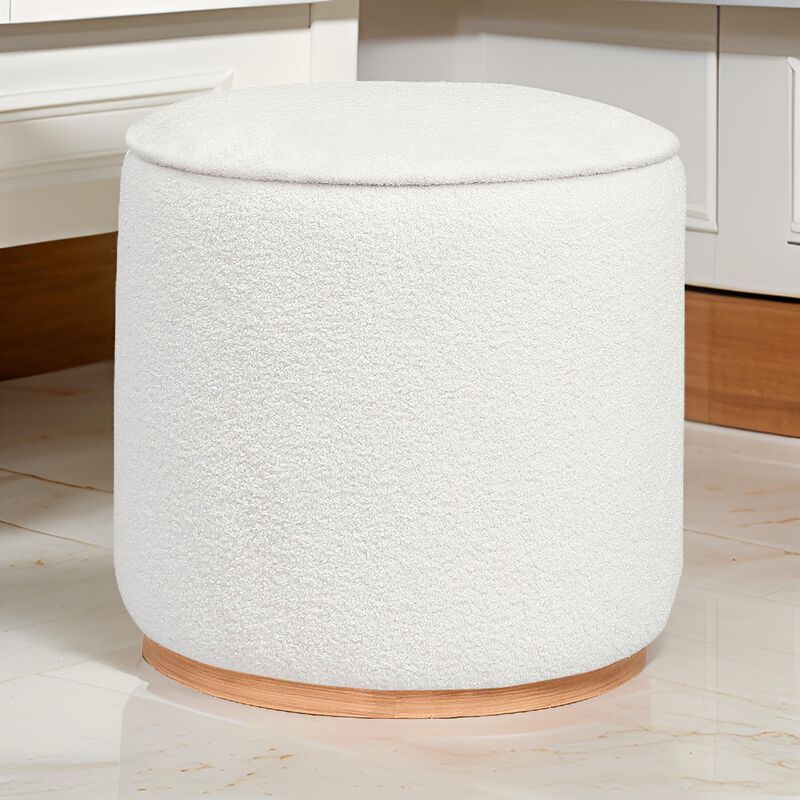 Zia 19 Inch Ottoman, White Faux Sheepskin Upholstery, Round Platform Base - Benzara