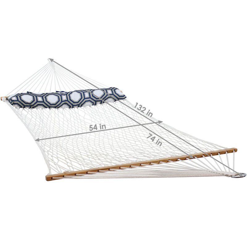 Sunnydaze Large Polyester Rope Hammock with Spreader Bar and Pillow - White