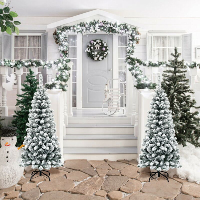 Unlit Hinged Snow Flocked Artificial Pencil Christmas Tree for Elegant and Space-Saving Winter Decor