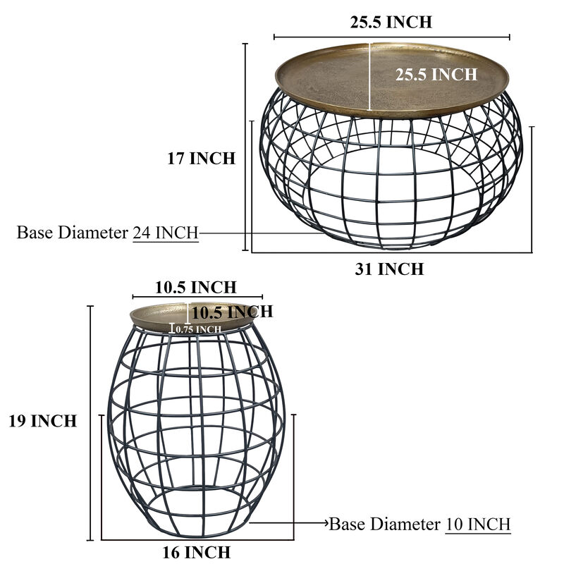2 Piece Coffee Table and End table Set, Round Antique Brass Tray Top, Curved Cage Design Black Iron Base