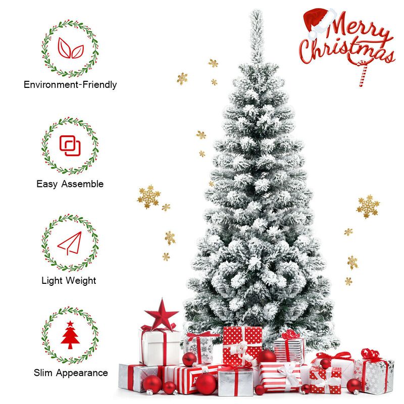 Unlit Hinged Snow Flocked Artificial Pencil Christmas Tree for Elegant and Space-Saving Winter Decor