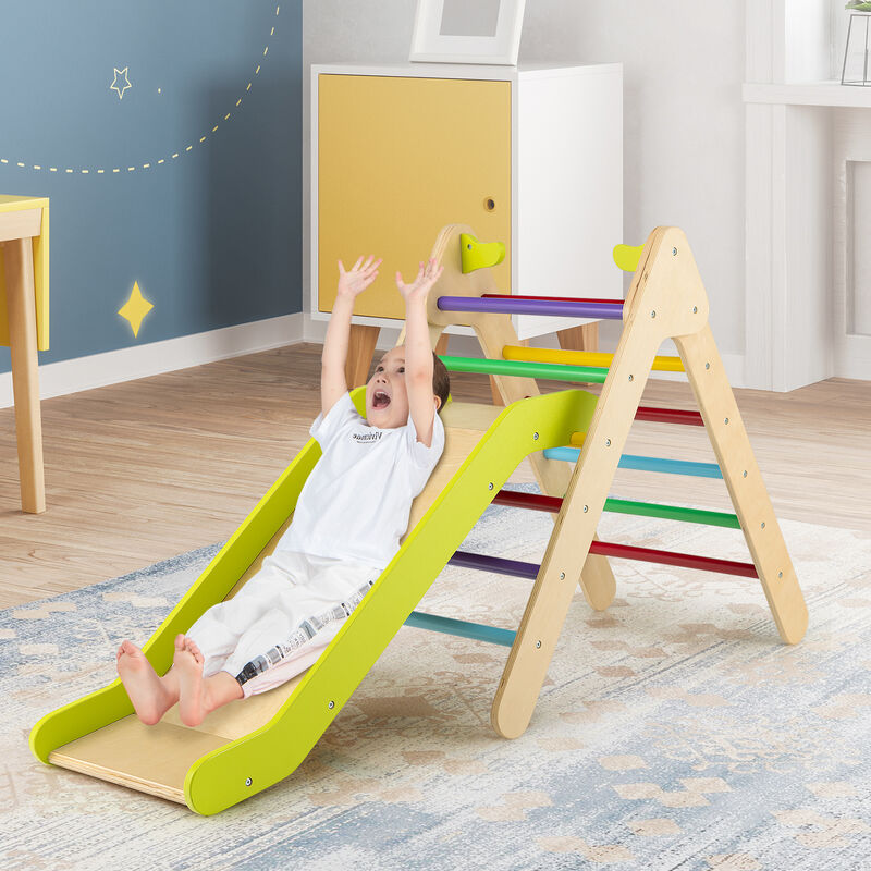 2-in-1 Wooden Triangle Climber Set with Gradient Adjustable Slide