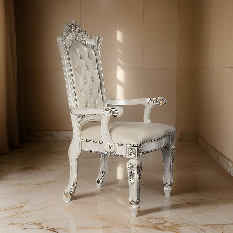 24 Inch Executive Office Armchair, Scrolled Molded Trim, Antique Pearl-Benzara